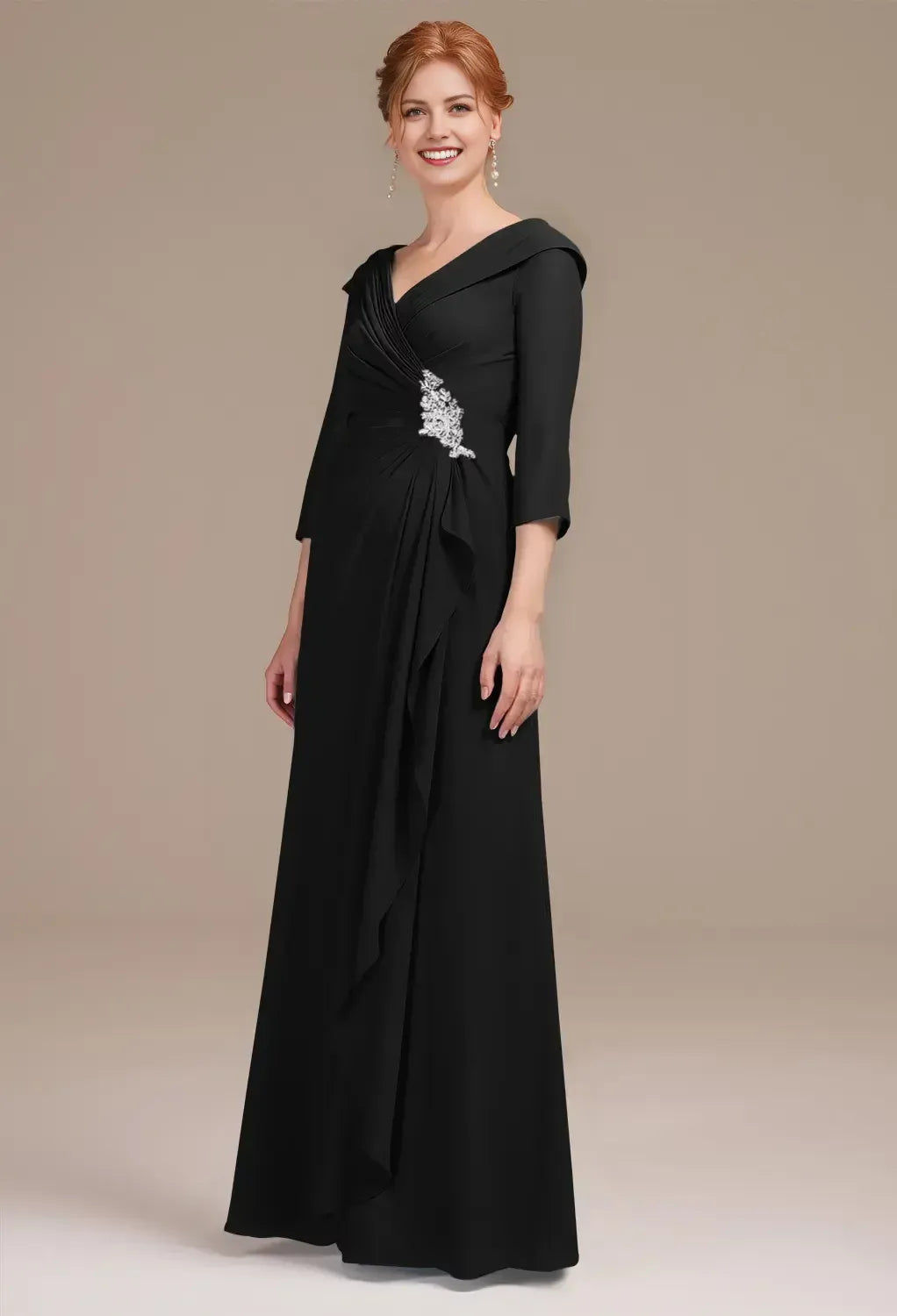 Deep V Neck Half Sleeve Zipper Back Floor Length Appliques Beading Mother Of The Bride Dresses