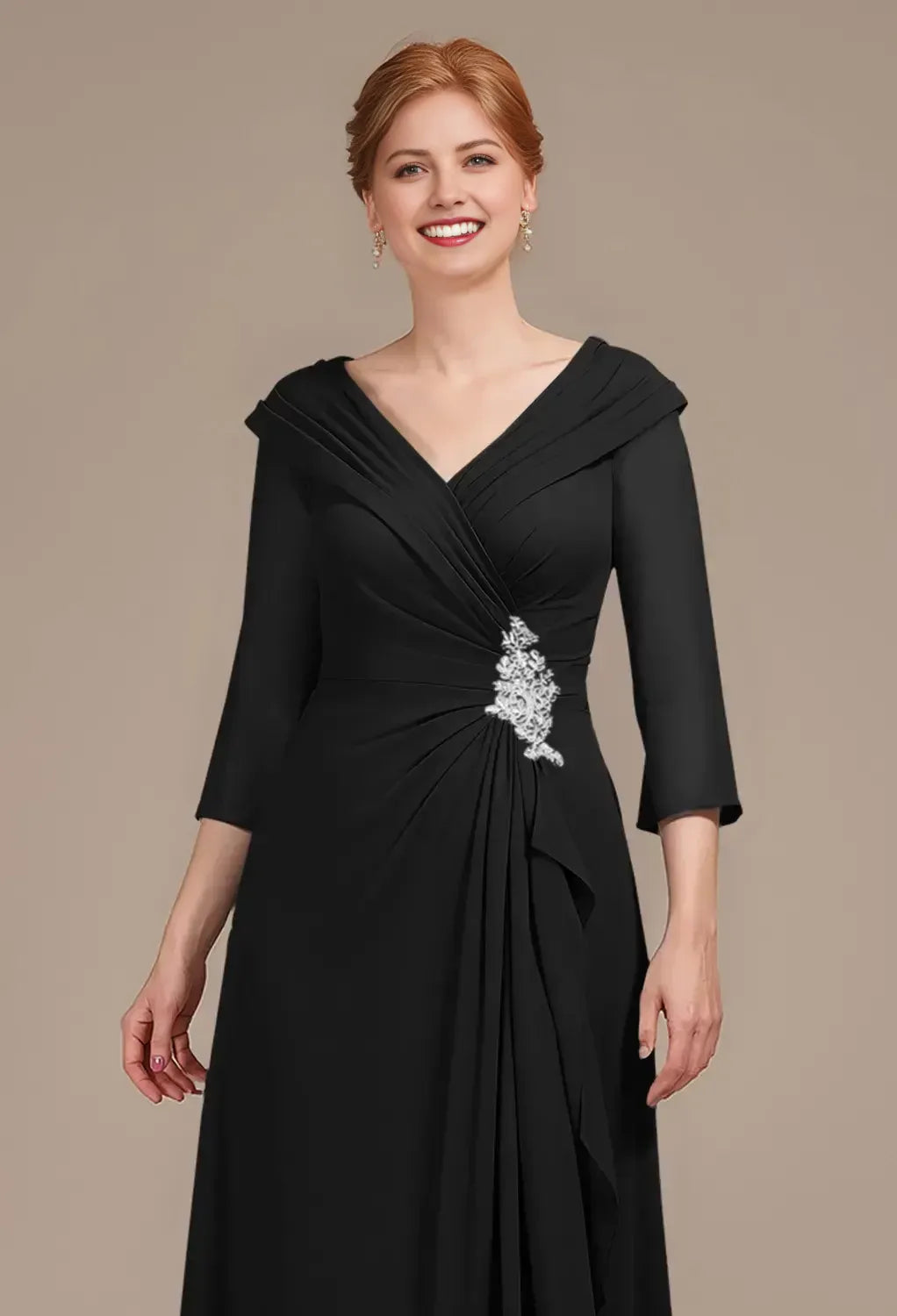 Deep V Neck Half Sleeve Zipper Back Floor Length Appliques Beading Mother Of The Bride Dresses