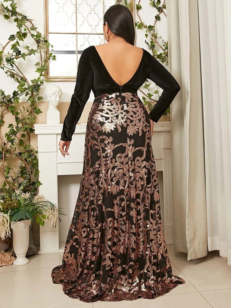 Beautiful Timeless Elegant Rose Gold Velvet A-Line Long Sleeve Floor-Length Prom Dress