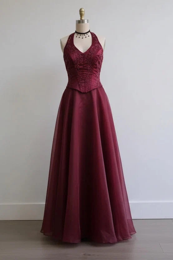 Burgundy Halter Beaded Long Evening Dress
