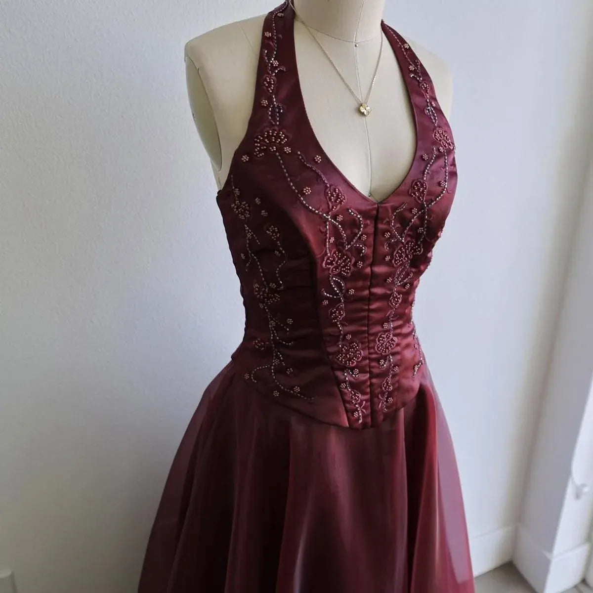 Burgundy Halter Beaded Long Evening Dress