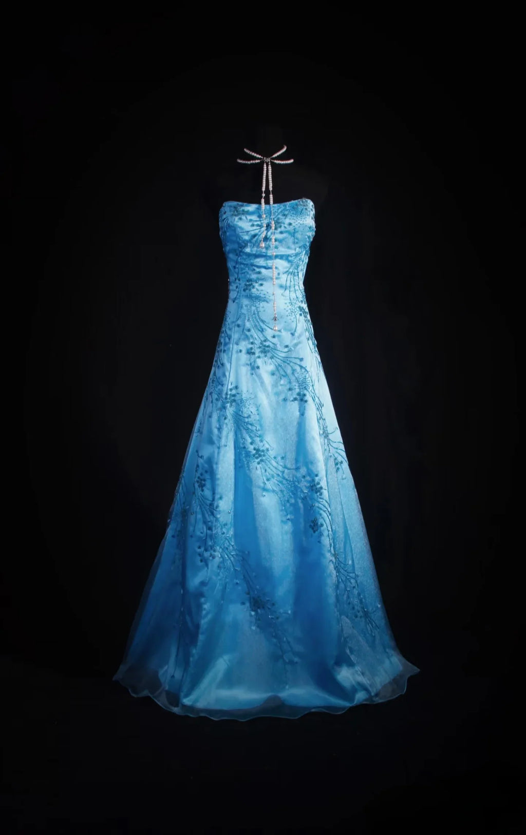 Sky Blue Halter Embroidered Sky Maxi Prom Dress