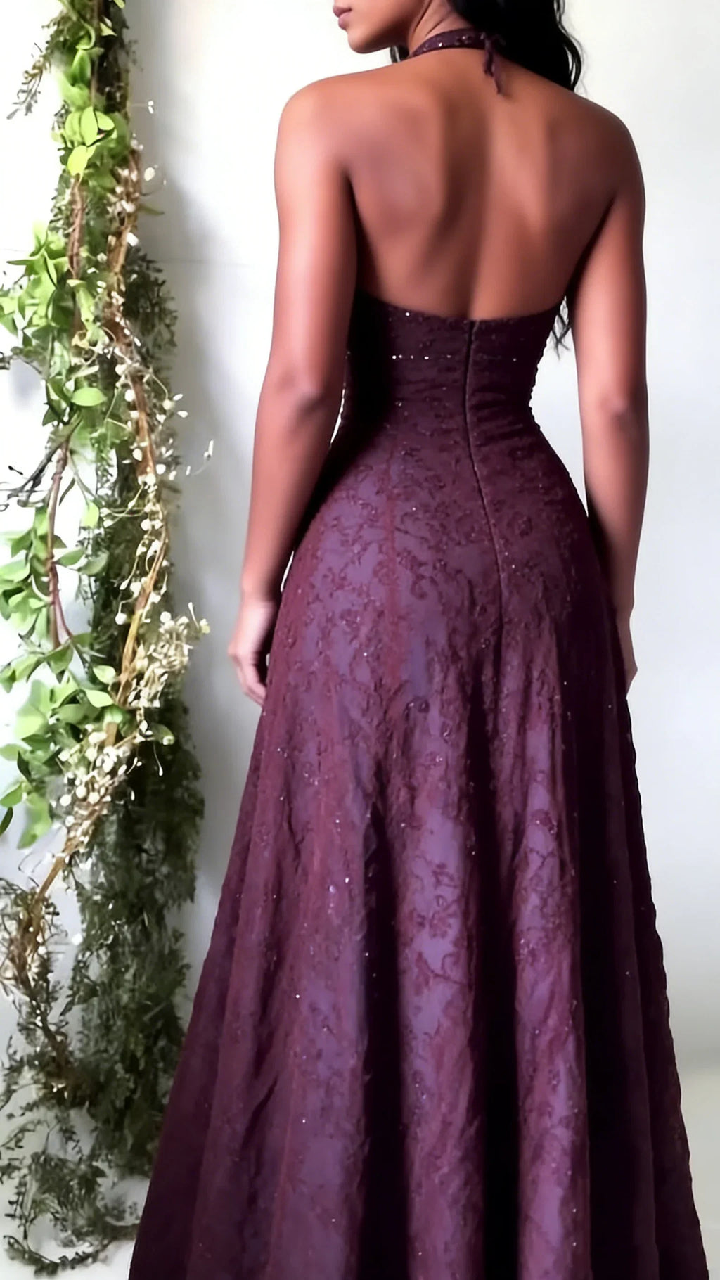 Plum Halter Maxi Prom Dress