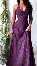 Plum Halter Maxi Prom Dress