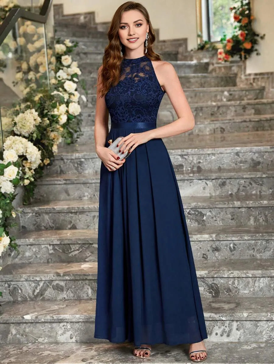 Halter Neck Sleeveless Back Zip Pleated Hem Ankle-Length Prom Dresses