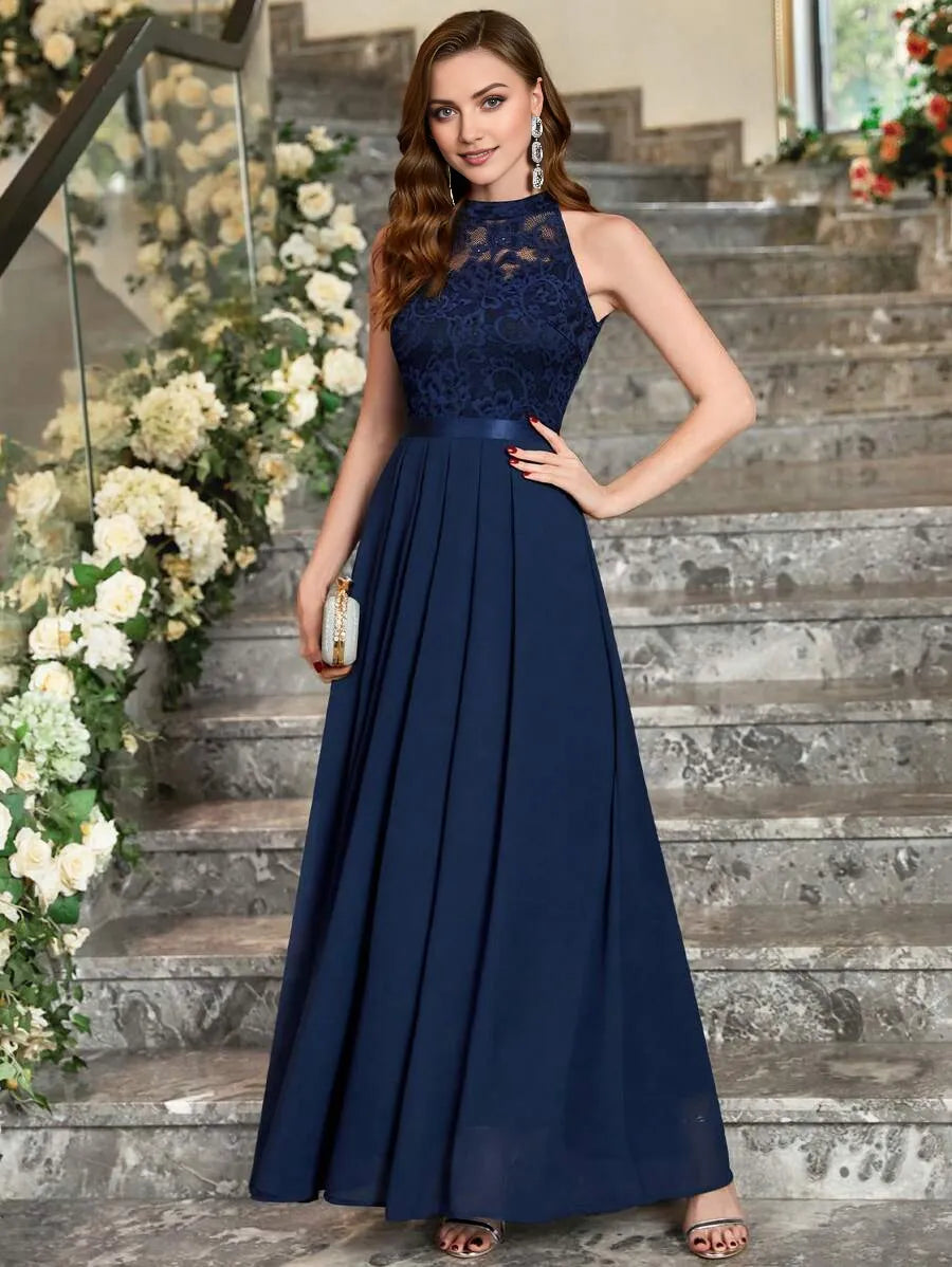Halter Neck Sleeveless Back Zip Pleated Hem Ankle-Length Prom Dresses