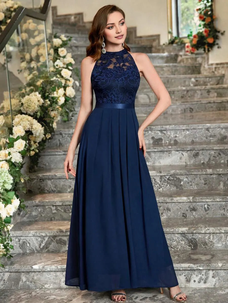 Halter Neck Sleeveless Back Zip Pleated Hem Ankle-Length Prom Dresses