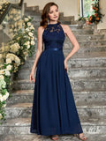 Halter Neck Sleeveless Back Zip Pleated Hem Ankle-Length Prom Dresses