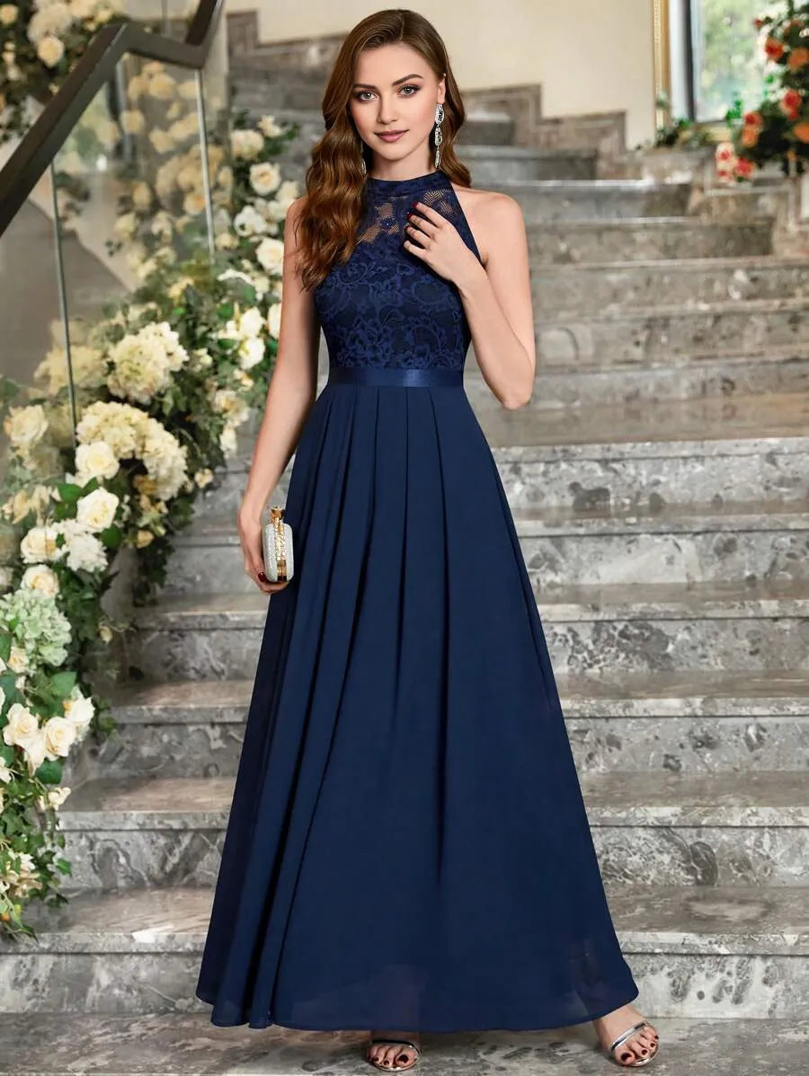 Halter Neck Sleeveless Back Zip Pleated Hem Ankle-Length Prom Dresses
