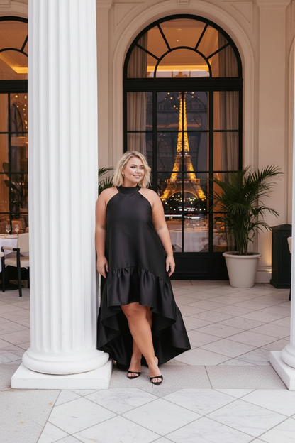Timeless Special Occasion Elegant Black Satin A-Line Halter Sleeveless Floor-Length Prom Dress
