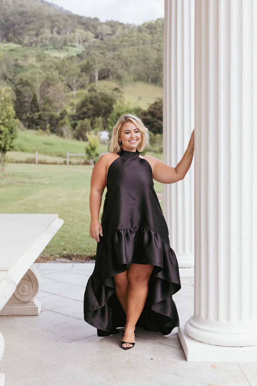 Timeless Special Occasion Elegant Black Satin A-Line Halter Sleeveless Floor-Length Prom Dress