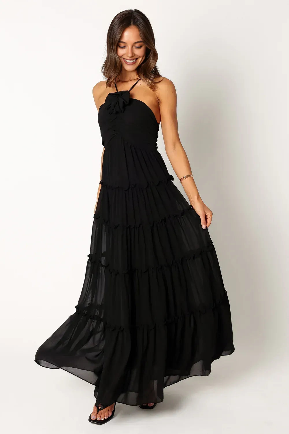 Special Occasion Sophisticated Graceful Elegant Black Chiffon A-Line Halter Sleeveless Floor-Length Prom Dress