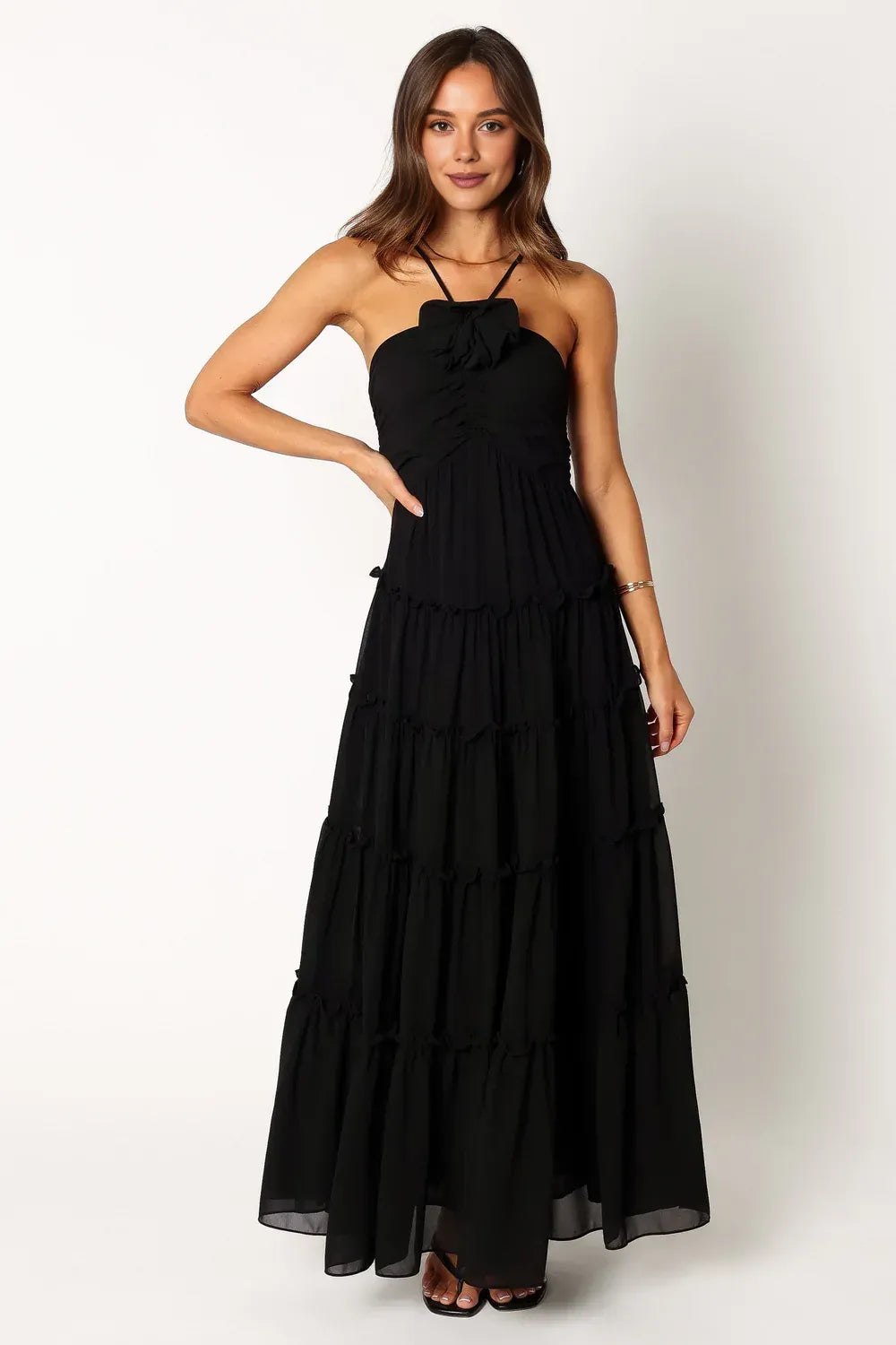 Special Occasion Sophisticated Graceful Elegant Black Chiffon A-Line Halter Sleeveless Floor-Length Prom Dress