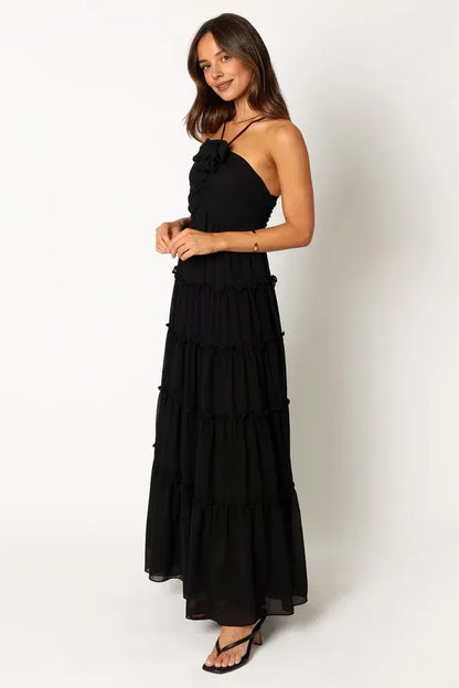 Special Occasion Sophisticated Graceful Elegant Black Chiffon A-Line Halter Sleeveless Floor-Length Prom Dress