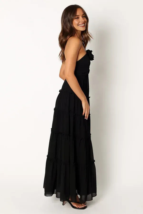 Special Occasion Sophisticated Graceful Elegant Black Chiffon A-Line Halter Sleeveless Floor-Length Prom Dress