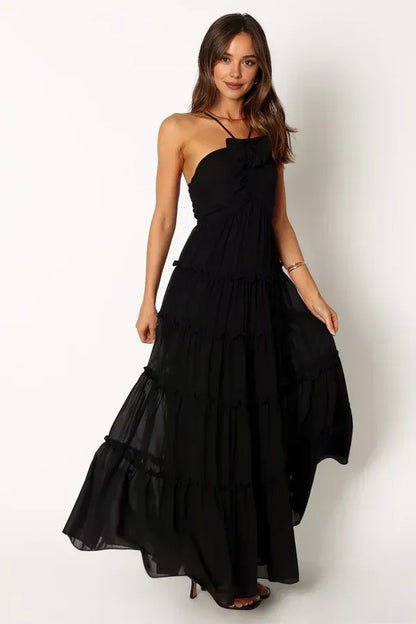 Special Occasion Sophisticated Graceful Elegant Black Chiffon A-Line Halter Sleeveless Floor-Length Prom Dress
