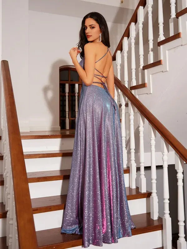 Halter Neck Sleeveless Crisscross Back Floor-Length Iridescent Glitter Ruffles Prom Dresses with High Slit