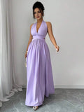 Halter Neck Sleeveless Cut-Out Bodice Backless Floor-Length Prom Dress