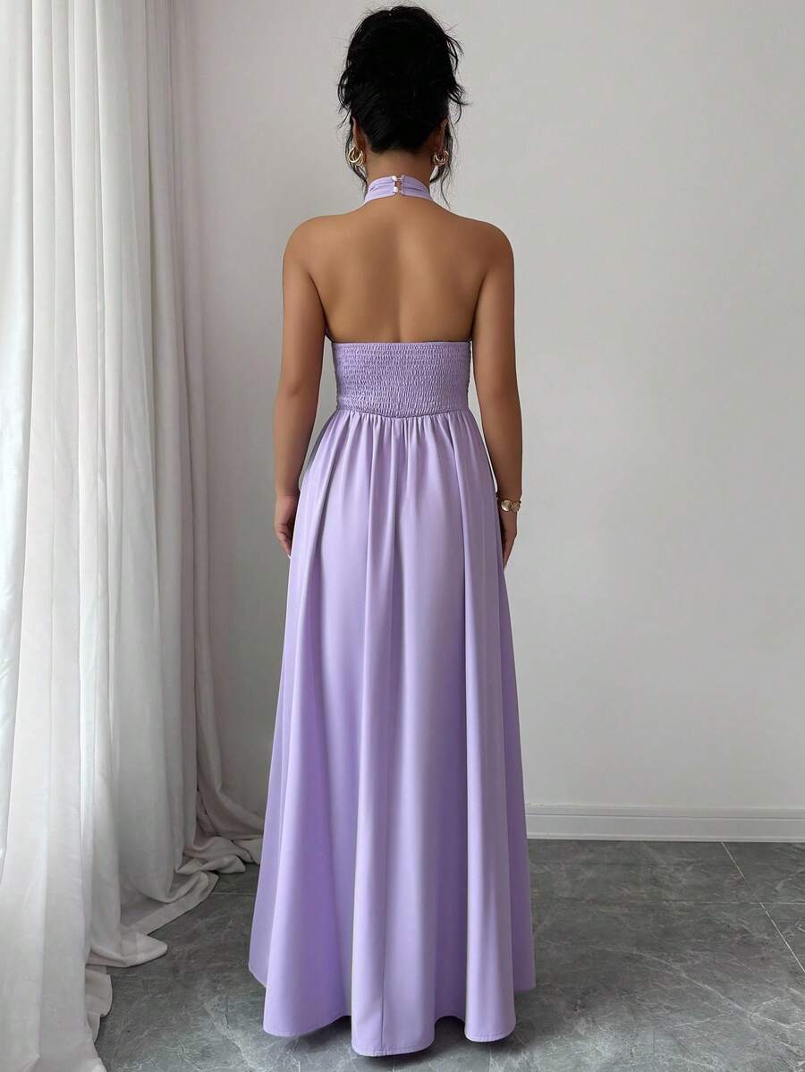Halter Neck Sleeveless Cut-Out Bodice Backless Floor-Length Prom Dress