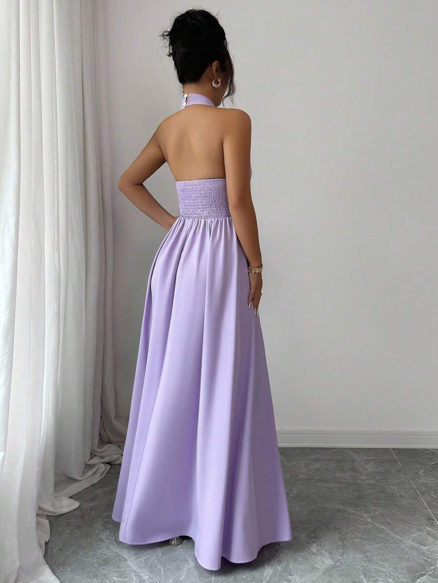 Halter Neck Sleeveless Cut-Out Bodice Backless Floor-Length Prom Dress