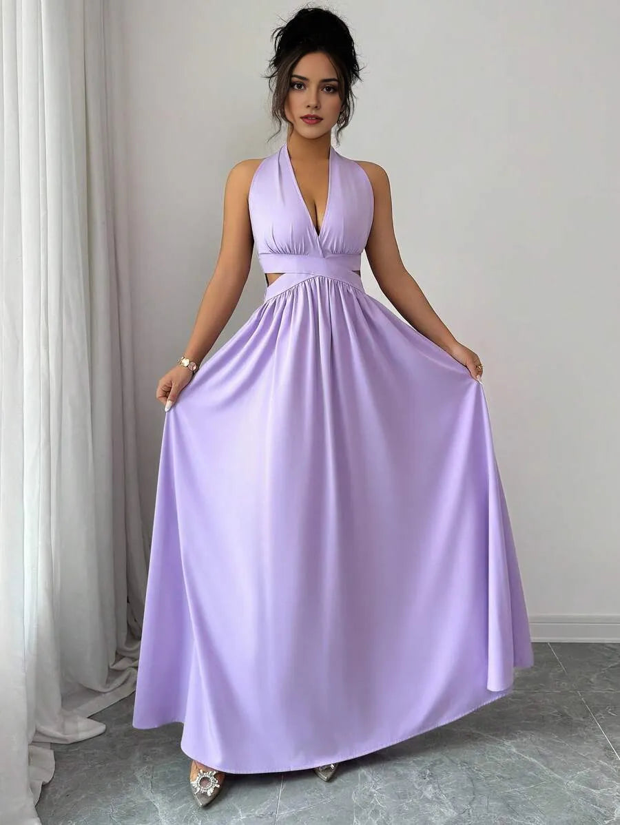 Halter Neck Sleeveless Cut-Out Bodice Backless Floor-Length Prom Dress
