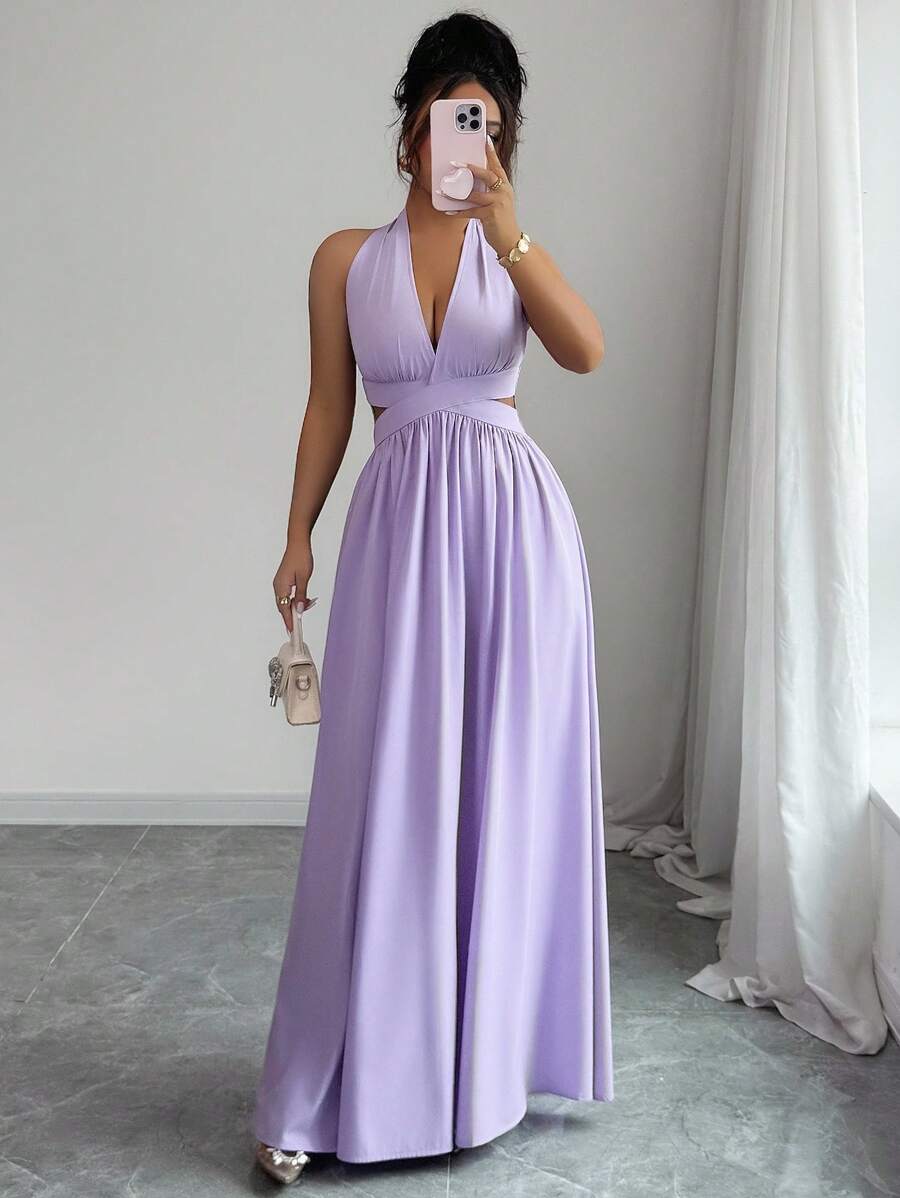 Halter Neck Sleeveless Cut-Out Bodice Backless Floor-Length Prom Dress