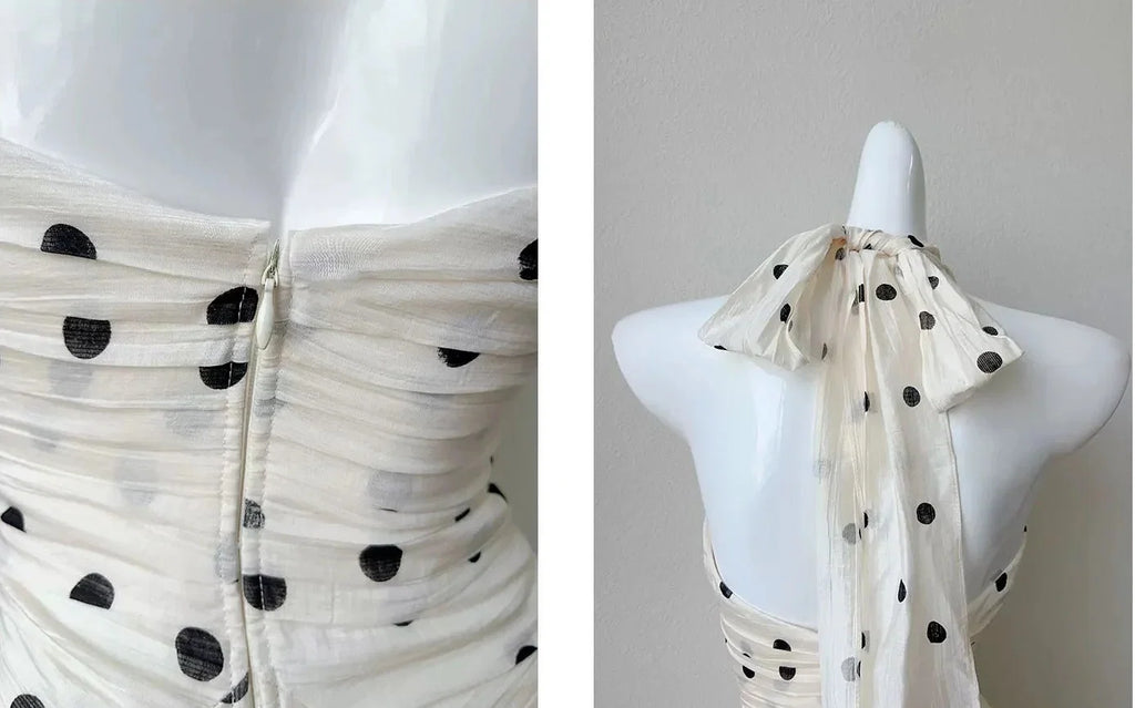 Ivory Halter Neck Sleeveless Polka Dot Maxi Prom Dress