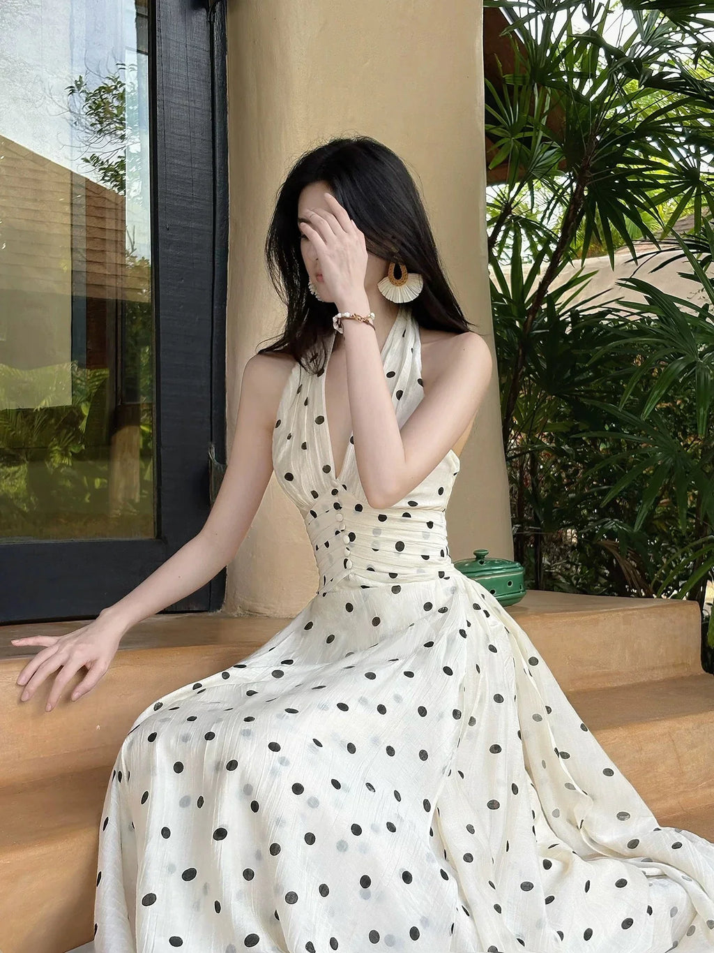 Ivory Halter Neck Sleeveless Polka Dot Maxi Prom Dress