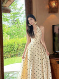 Ivory Halter Neck Sleeveless Polka Dot Maxi Prom Dress