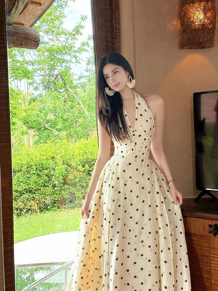 Ivory Halter Neck Sleeveless Polka Dot Maxi Prom Dress