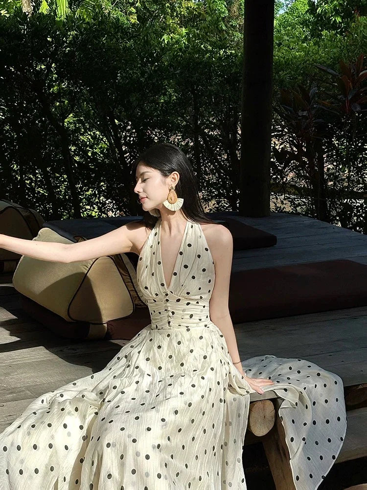 Ivory Halter Neck Sleeveless Polka Dot Maxi Prom Dress