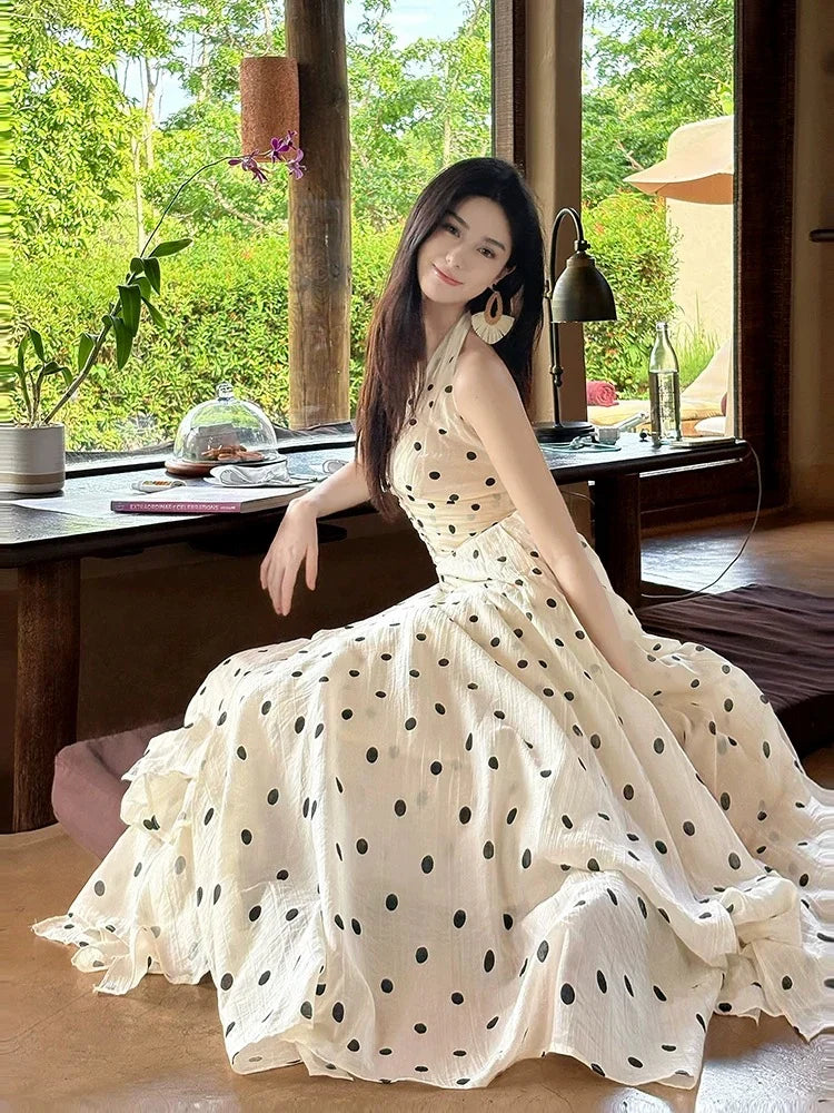Ivory Halter Neck Sleeveless Polka Dot Maxi Prom Dress