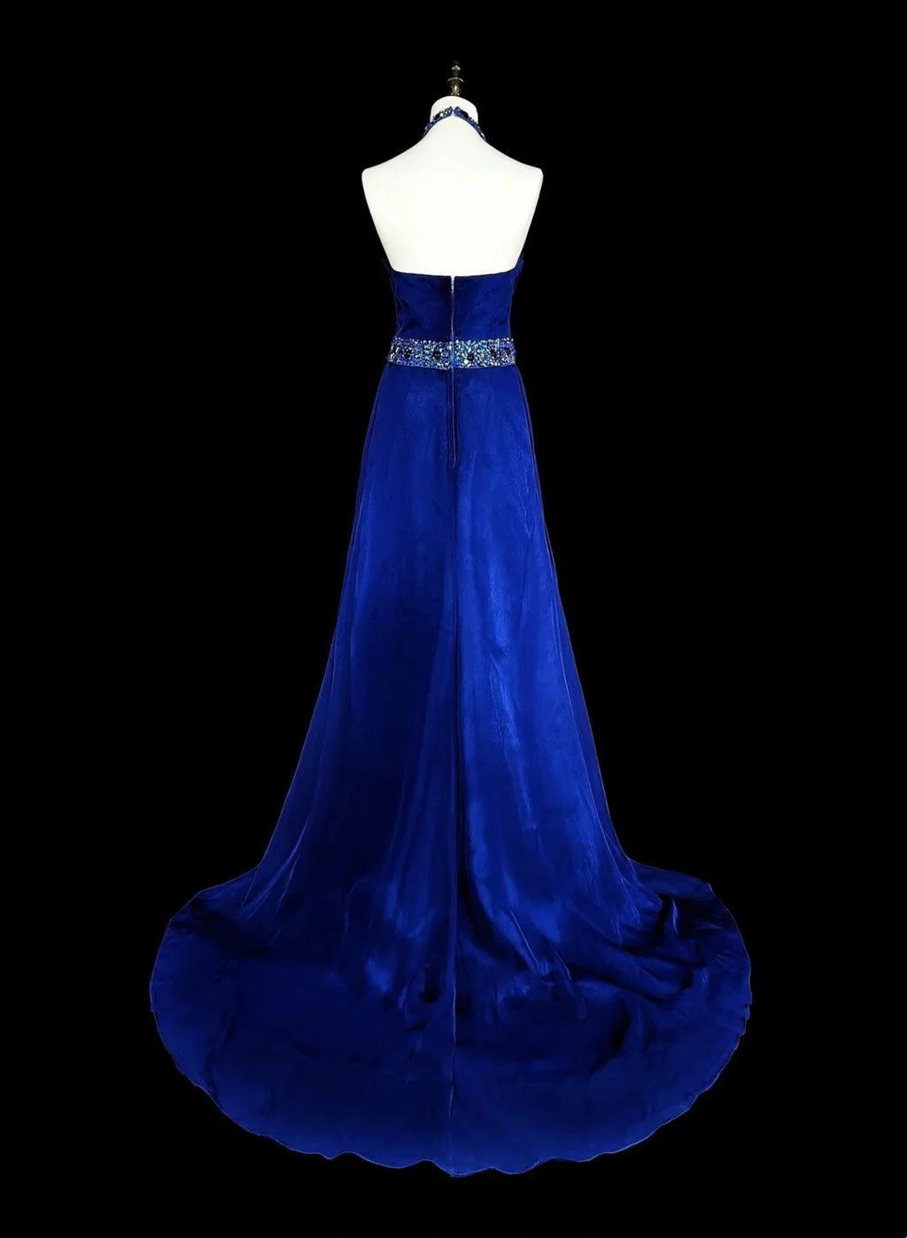 Blue Halter Sleeveless Beaded Royal Maxi Prom Dress