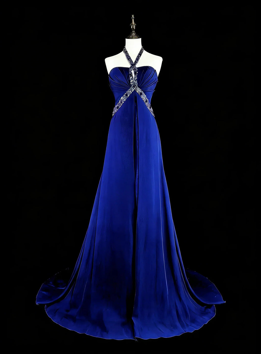 Blue Halter Sleeveless Beaded Royal Maxi Prom Dress