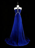 Blue Halter Sleeveless Beaded Royal Maxi Prom Dress