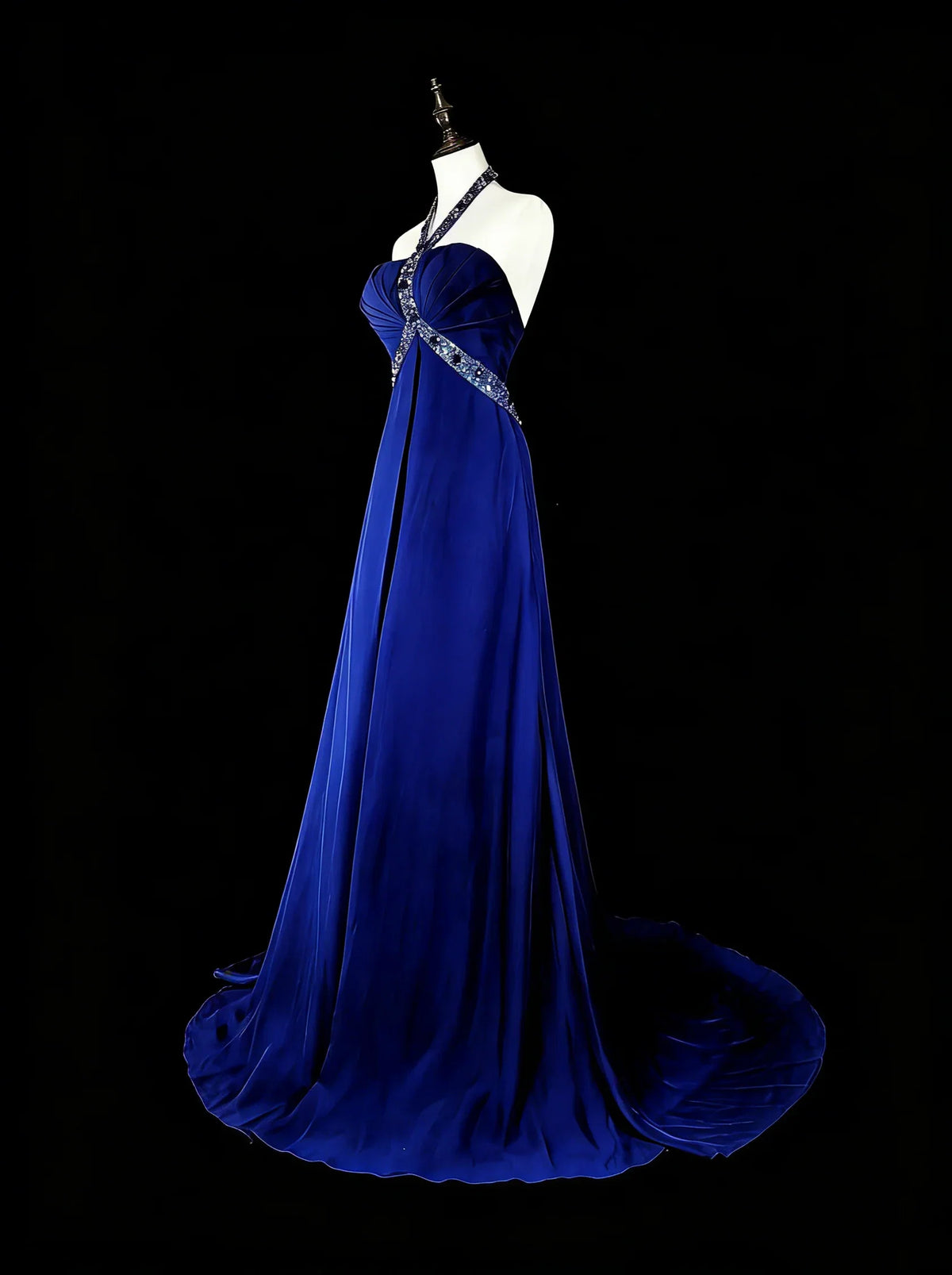 Blue Halter Sleeveless Beaded Royal Maxi Prom Dress