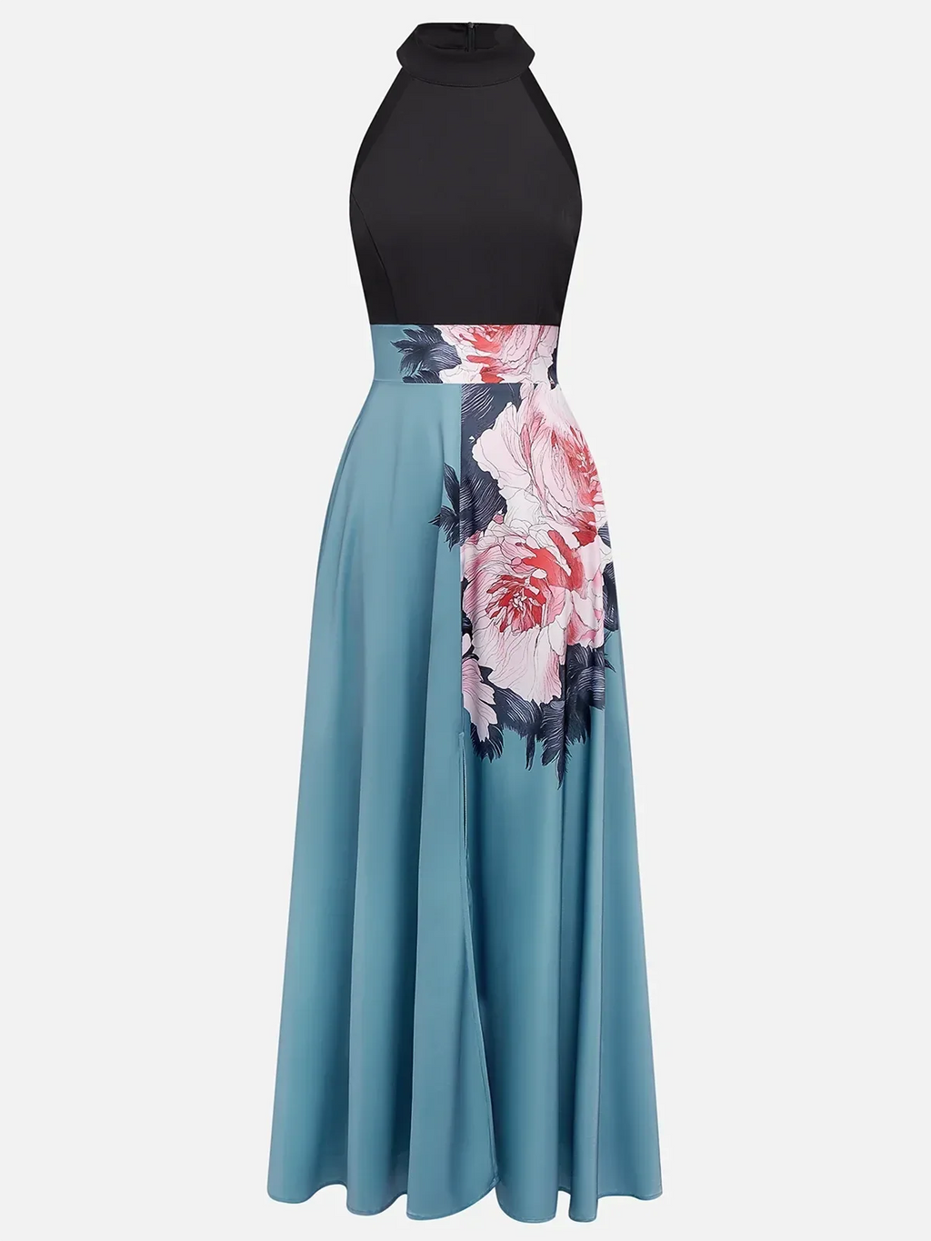 Sophisticated Graceful Stylish Refined Elegant Black A-Line Halter Sleeveless Floor-Length Evening Dress