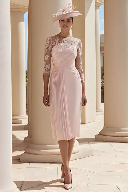 Elegant Blush Pink Lace A-Line Illusion Long Sleeve Knee-Length Mother of the Bride Dress
