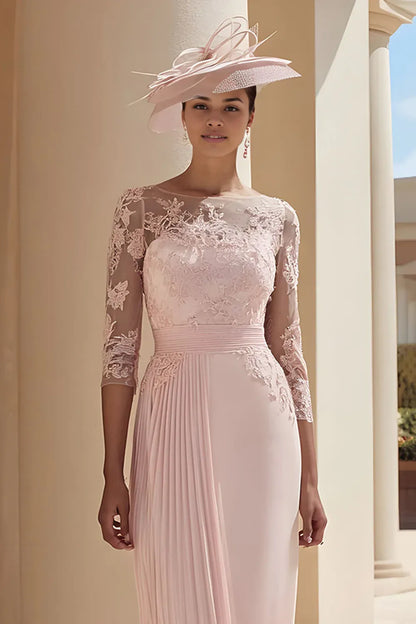 Elegant Blush Pink Lace A-Line Illusion Long Sleeve Knee-Length Mother of the Bride Dress