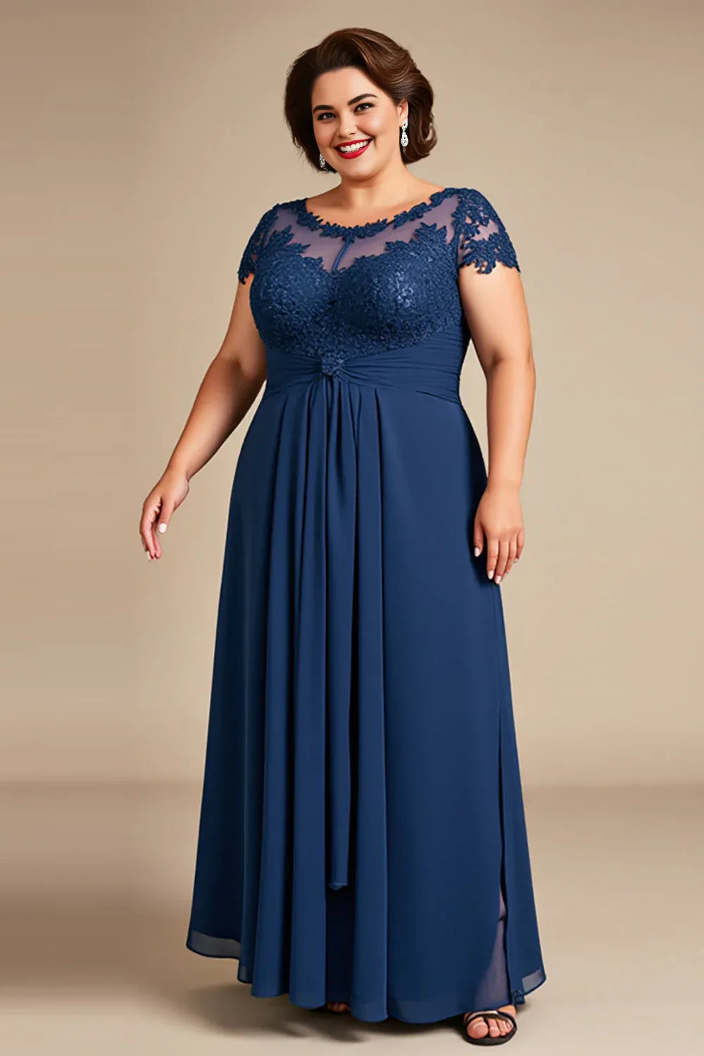 Elegant Navy Blue Lace A-Line Illusion Floor-Length Mother of the Bride Dress