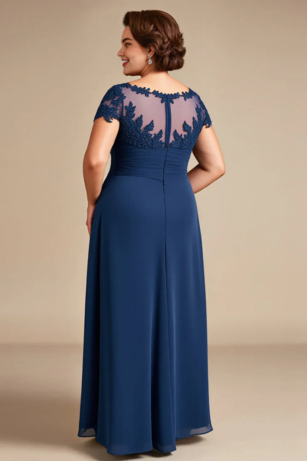 Elegant Navy Blue Lace A-Line Illusion Floor-Length Mother of the Bride Dress