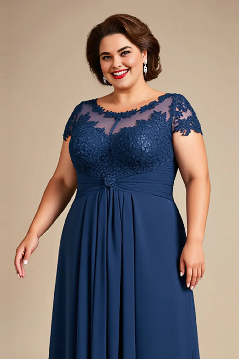 Elegant Navy Blue Lace A-Line Illusion Floor-Length Mother of the Bride Dress