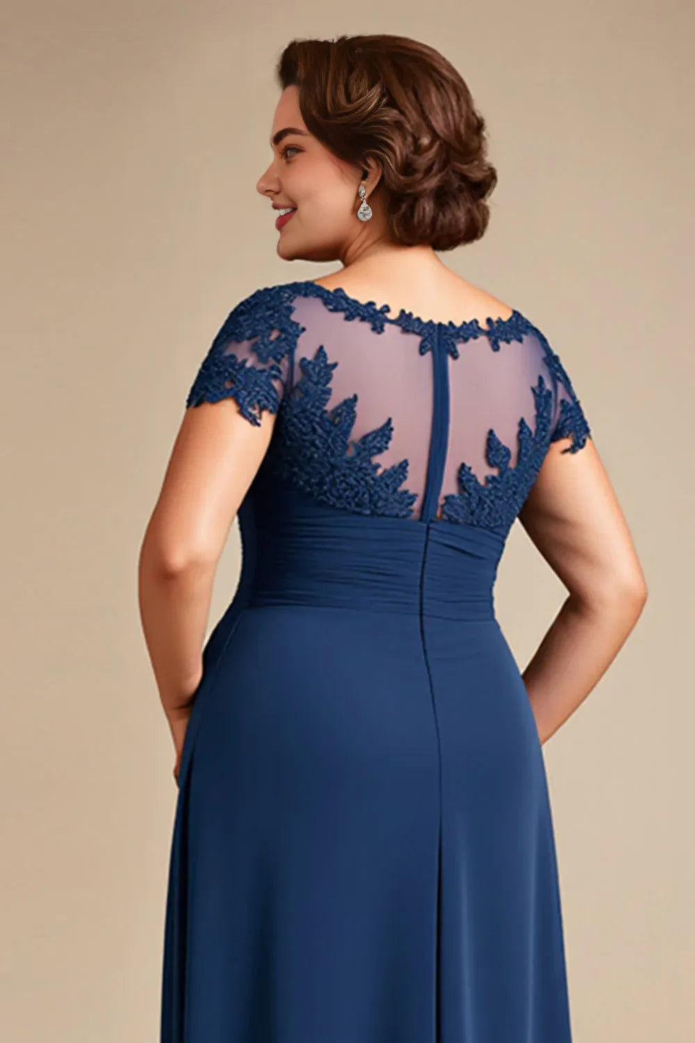 Elegant Navy Blue Lace A-Line Illusion Floor-Length Mother of the Bride Dress