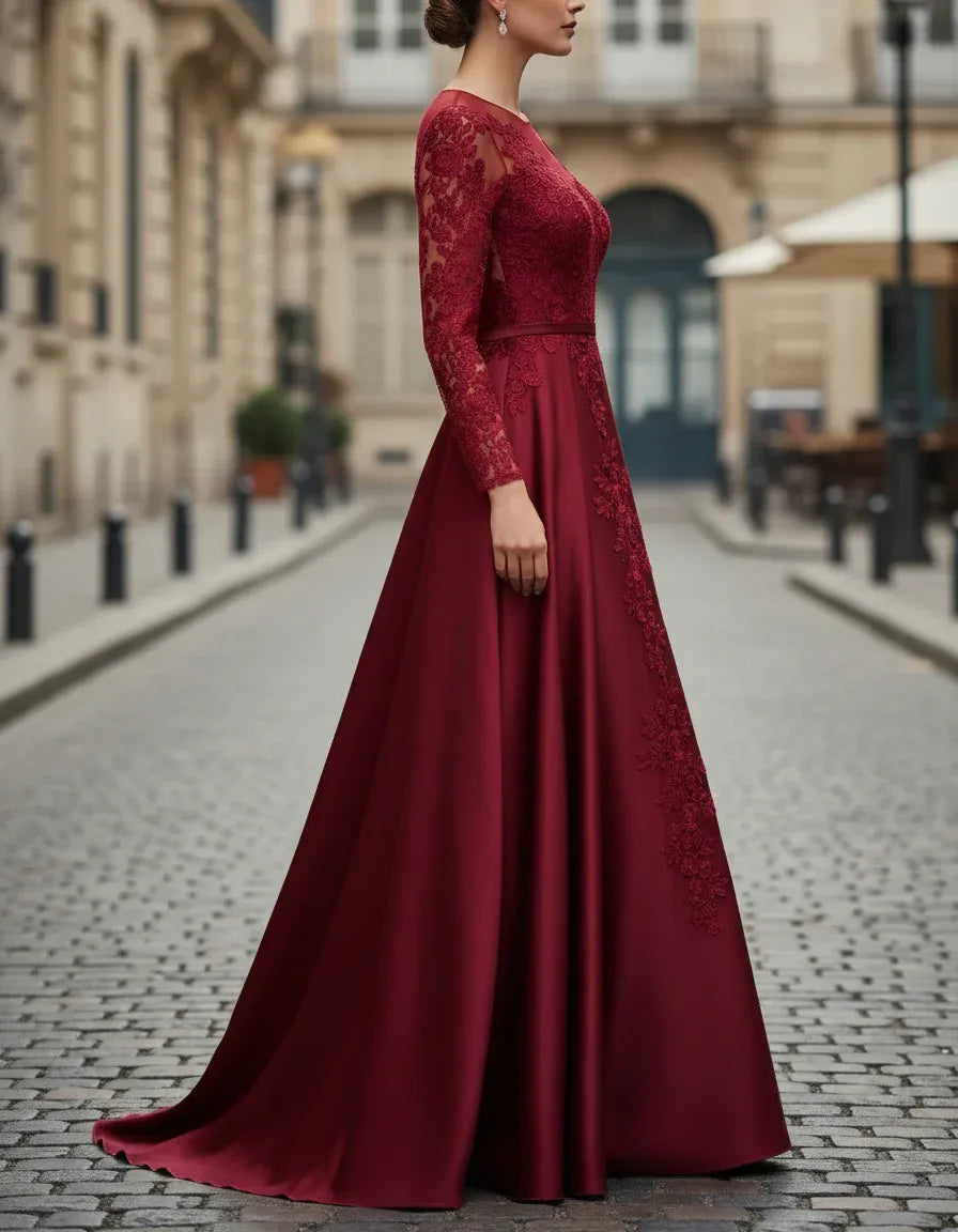 Burgundy Illusion Neck Long Sleeve Long Prom Dresses