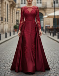 Burgundy Illusion Neck Long Sleeve Long Prom Dresses