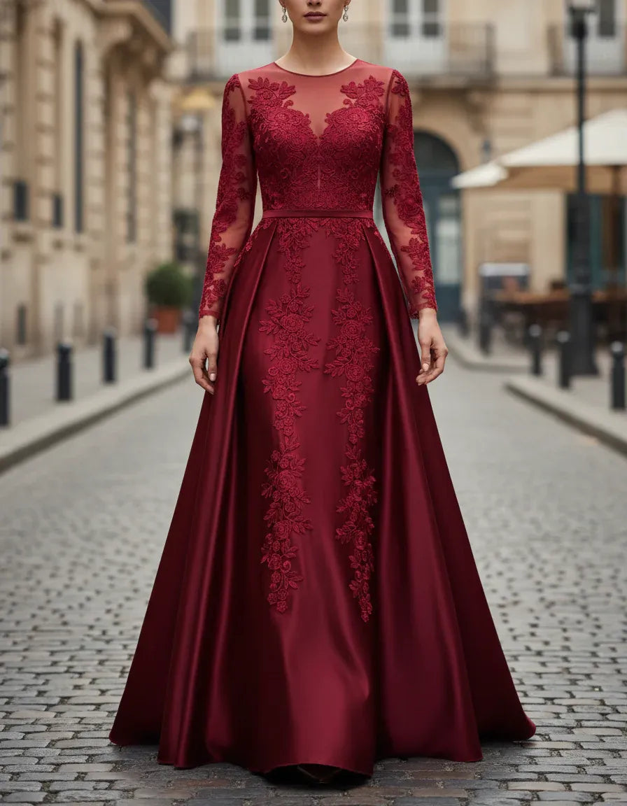 Burgundy Illusion Neck Long Sleeve Long Prom Dresses