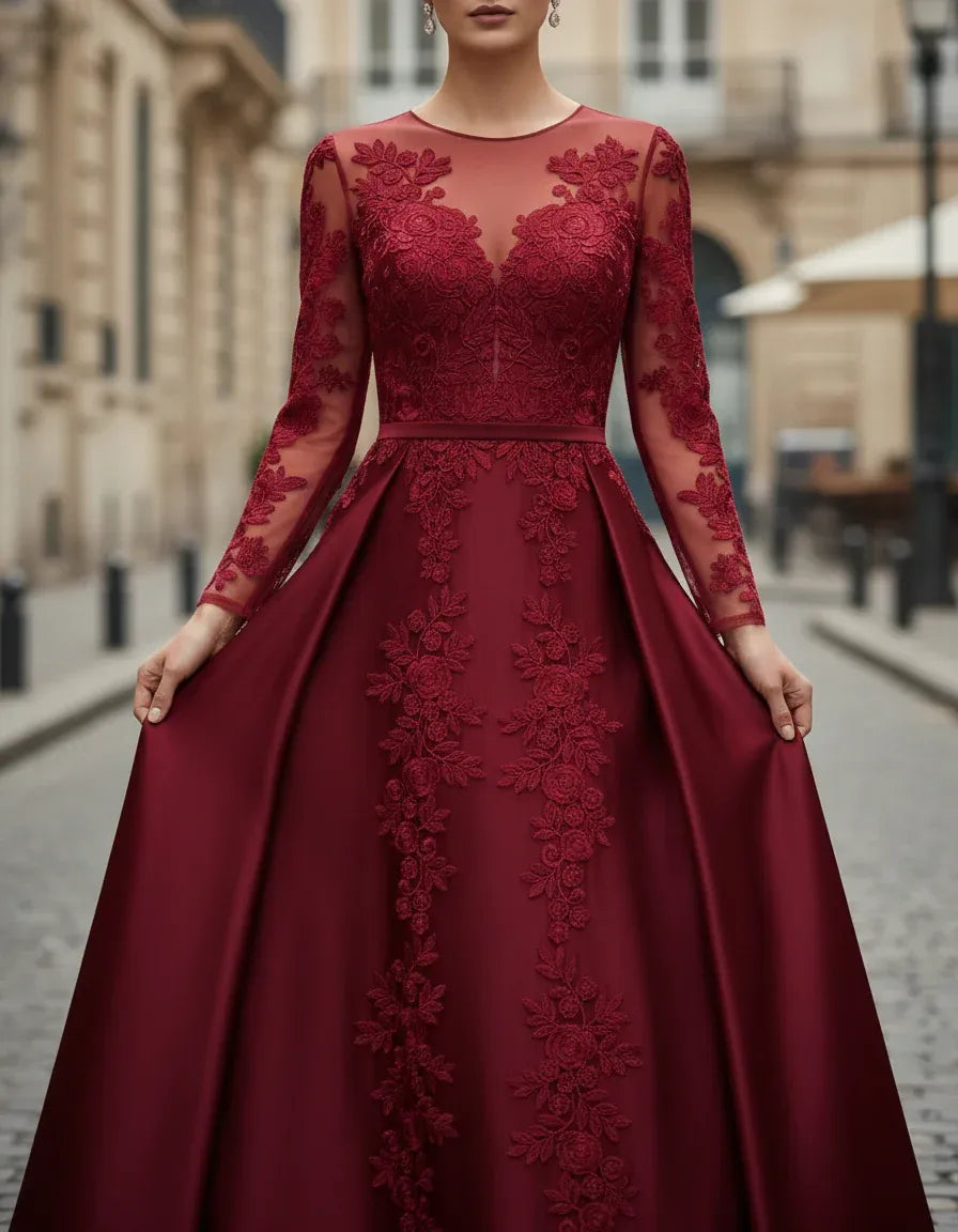 Burgundy Illusion Neck Long Sleeve Long Prom Dresses