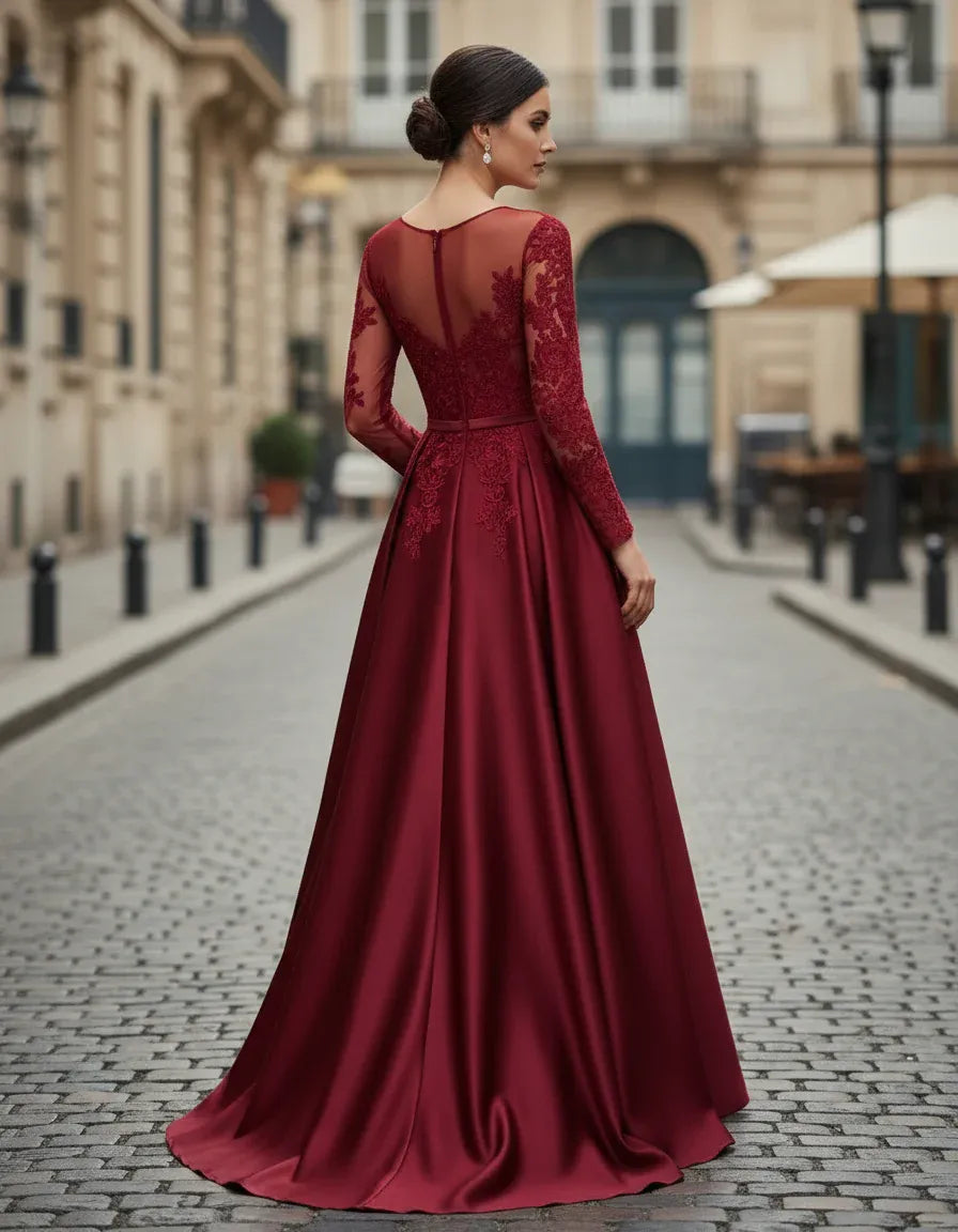 Burgundy Illusion Neck Long Sleeve Long Prom Dresses