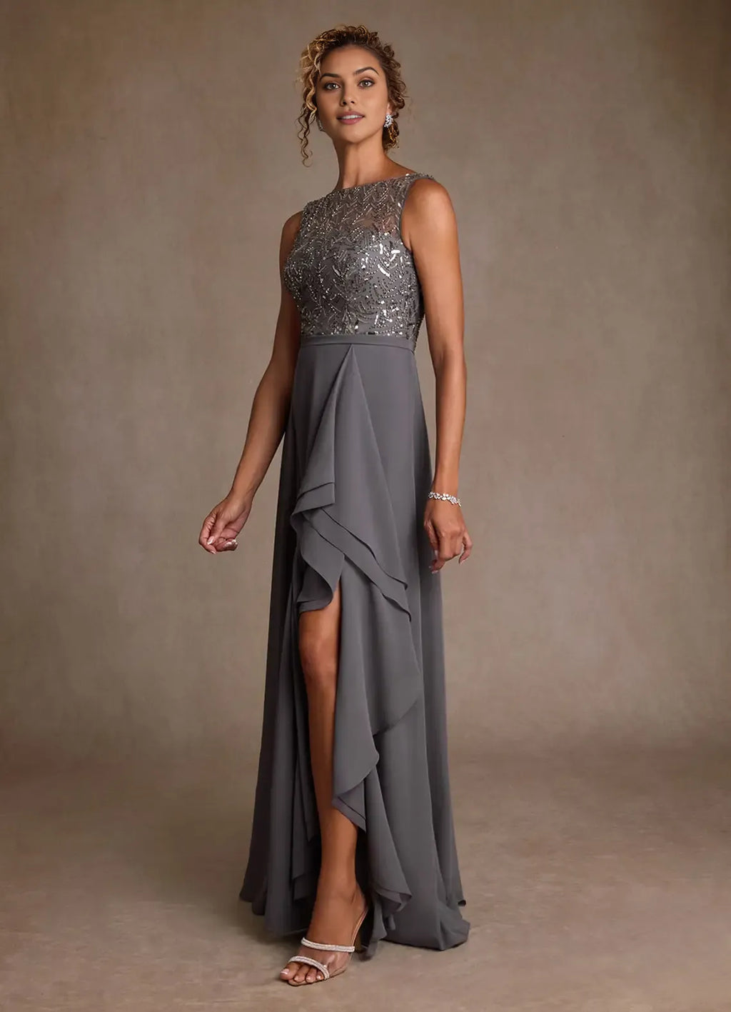 Illusion Neckline Sleeveless Bodice Ruffled Sequins Back Zip High-Slit Floor-Length Mother of the Bride Dress