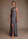 Illusion Neckline Sleeveless Bodice Ruffled Sequins Back Zip High-Slit Floor-Length Mother of the Bride Dress